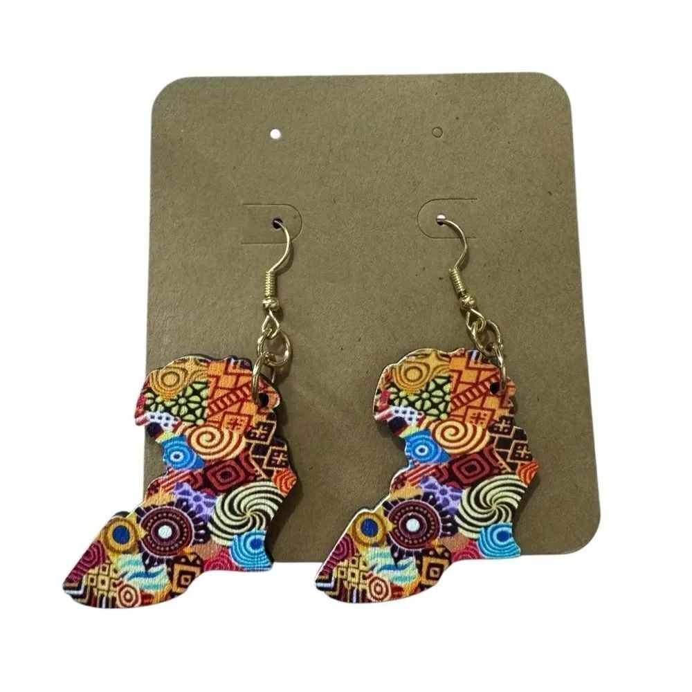 Africa Motif Continent Outline Tribal Retro Multicolor Pattern Drop Earrings